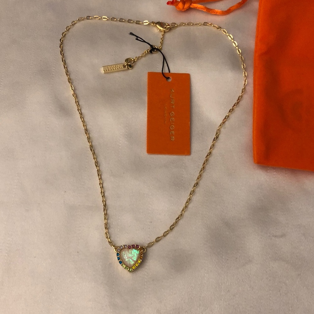 Kurt Geiger London Gold Tone Opal Heart Rainbow Crystal Pendant Necklace NWT - Picture 8 of 14